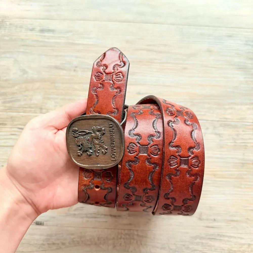 Vintage Lowenbrau Beer Leather Belt Size 36 Embossed Western Brass Buckle Miller